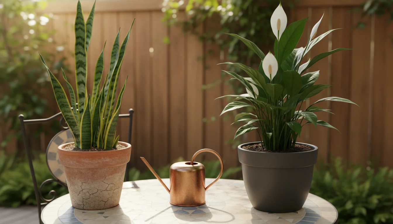 Two potted plants on a patio table: a snake plant with dry soil and a peace lily with moist soil, with a watering can nearby.