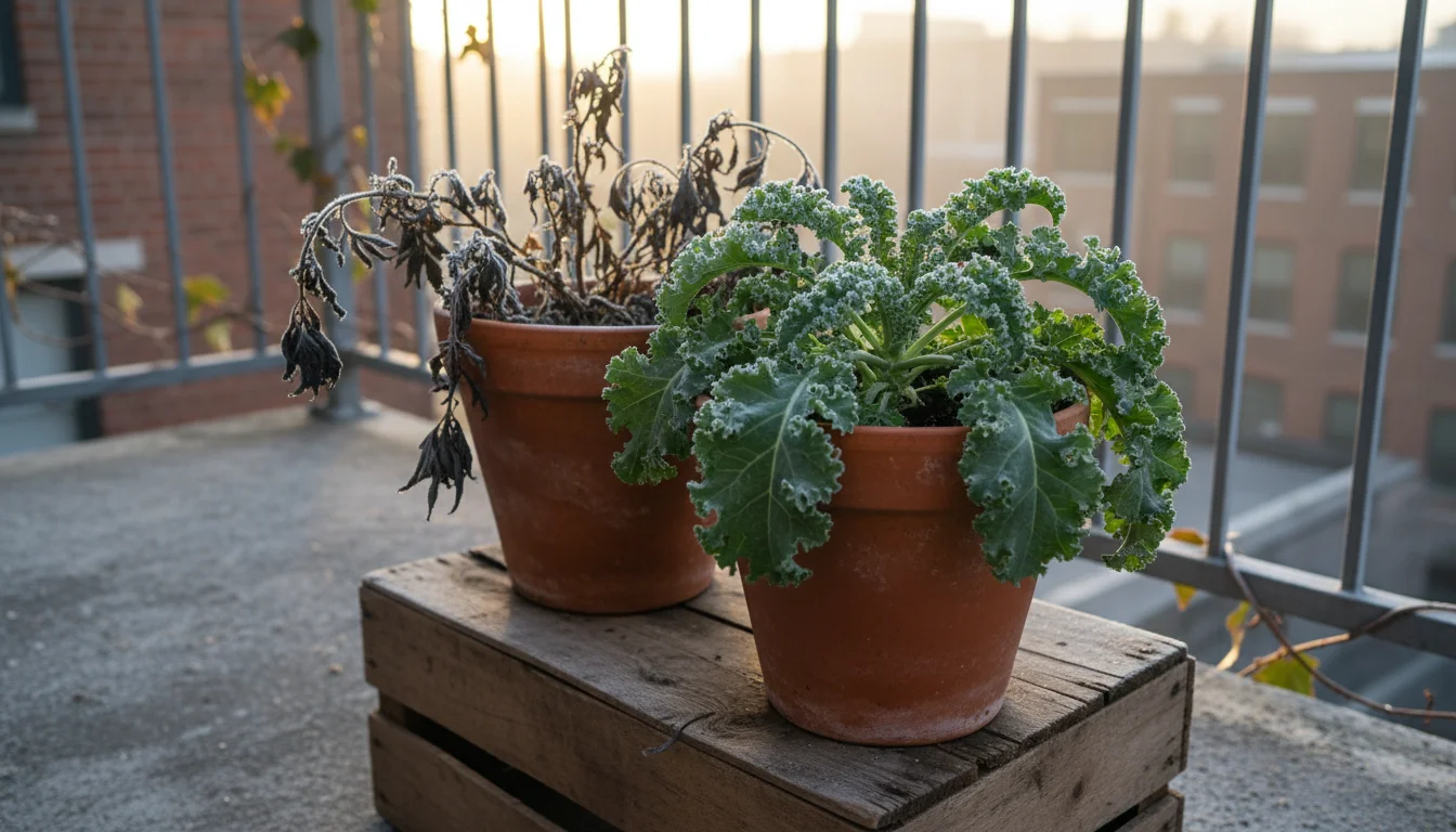Two potted plants on an urban balcony after a light frost: a vibrant, undamaged kale next to a wilting marigold with blackened leaves.