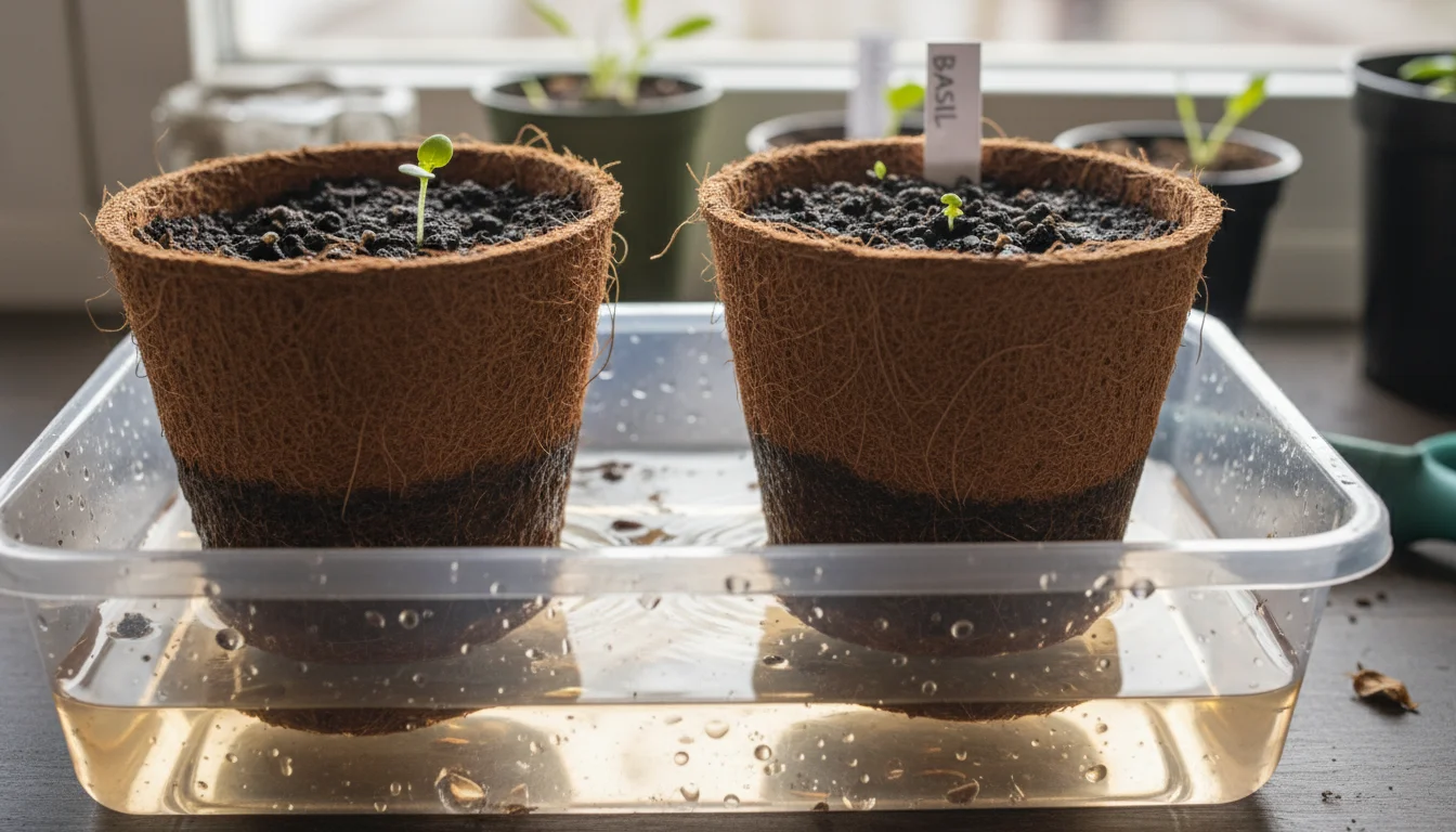 Close-up of two small biodegradable seed pots in a clear tray with an inch of warm water, showing dark soil wicking moisture upwards.