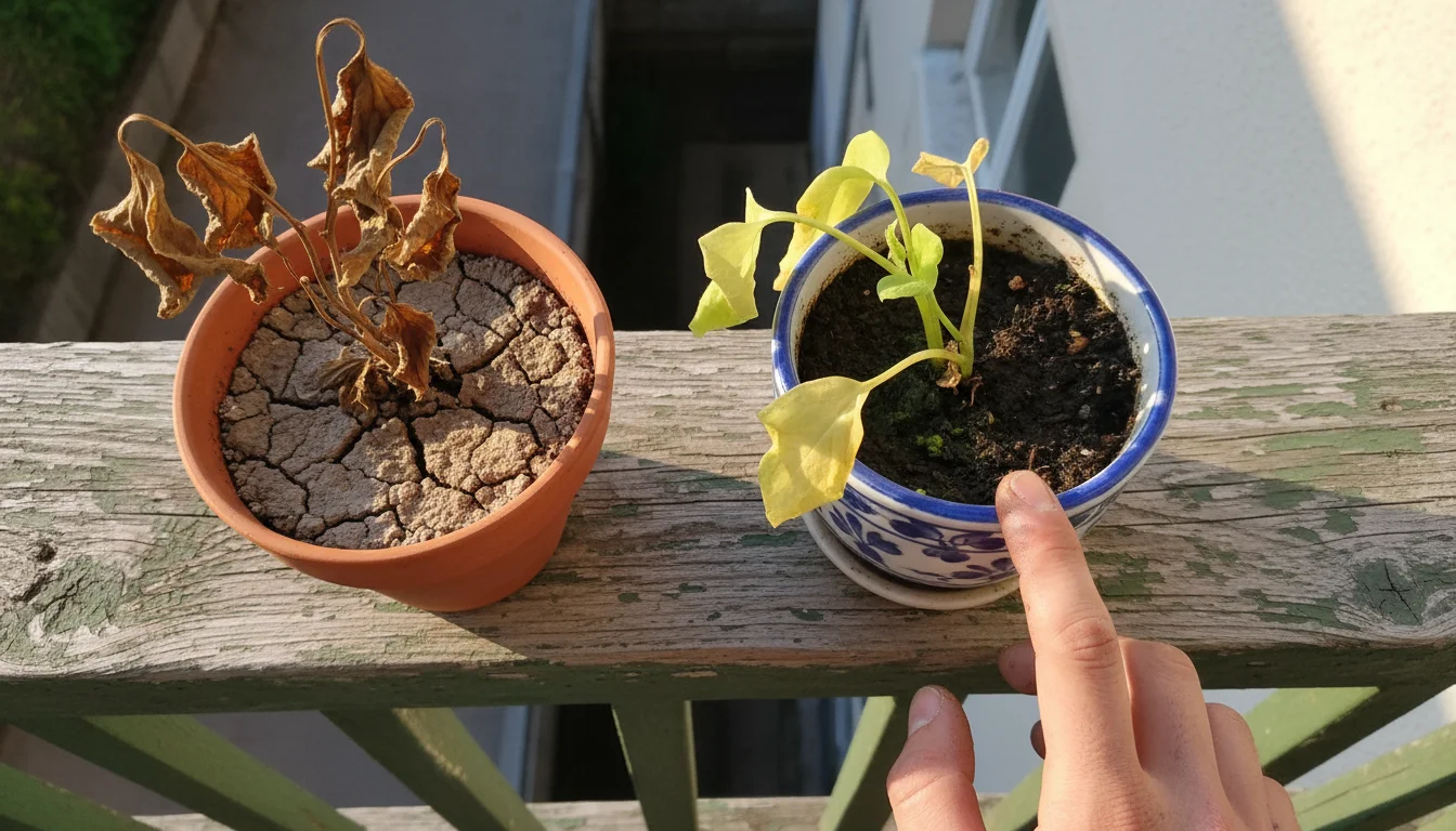 Close-up of two small container plants on a balcony railing: one visibly wilted from thirst, the other yellow and droopy from overwatering. A hand che