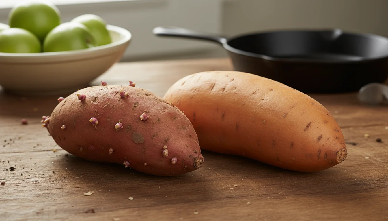 Two sweet potatoes side-by-side on a rustic wooden counter. The organic one on the left shows tiny pink sprouts; the conventional one on the right is 