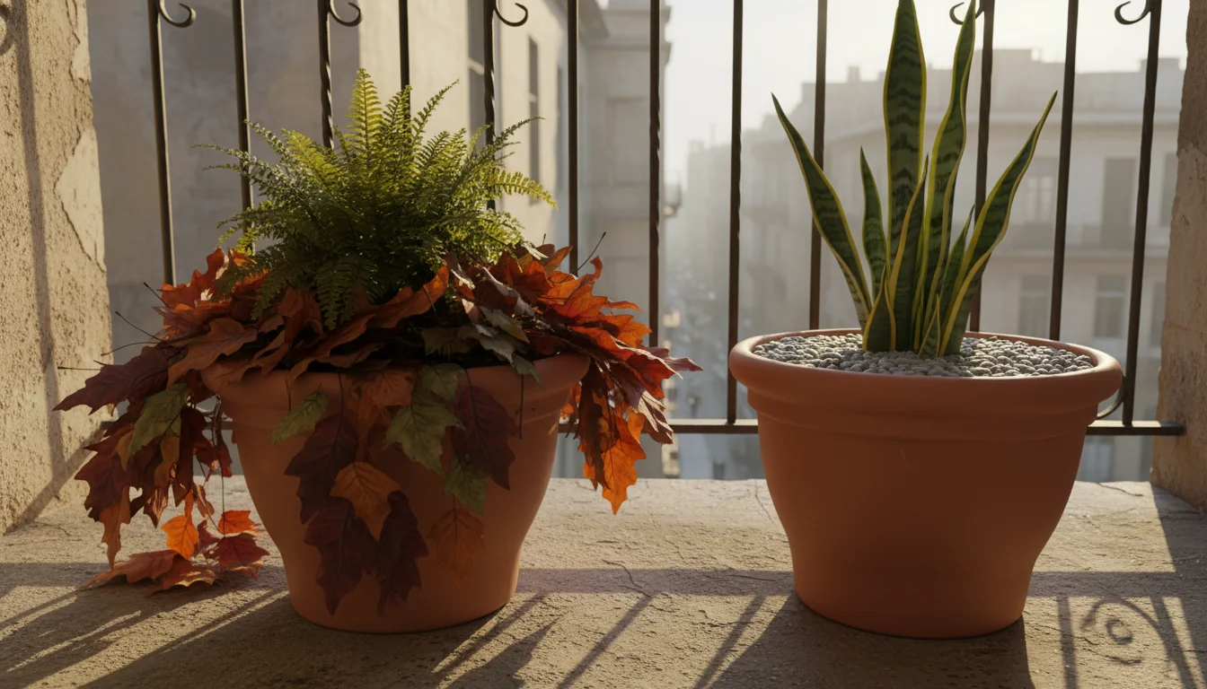Two terracotta pots on a balcony, one with decaying leaves, the other with decorative gravel, illustrating differing aesthetic choices.