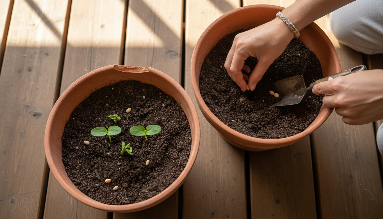 Elevated view of two terracotta pots on a patio. One shows thinned bean seedlings, the other a hand guiding a seedling to a trellis.