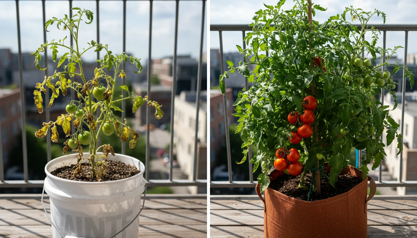Two tomato plants on a sunny balcony: one small and struggling in a 5-gallon bucket, the other lush and thriving in a large terracotta pot.