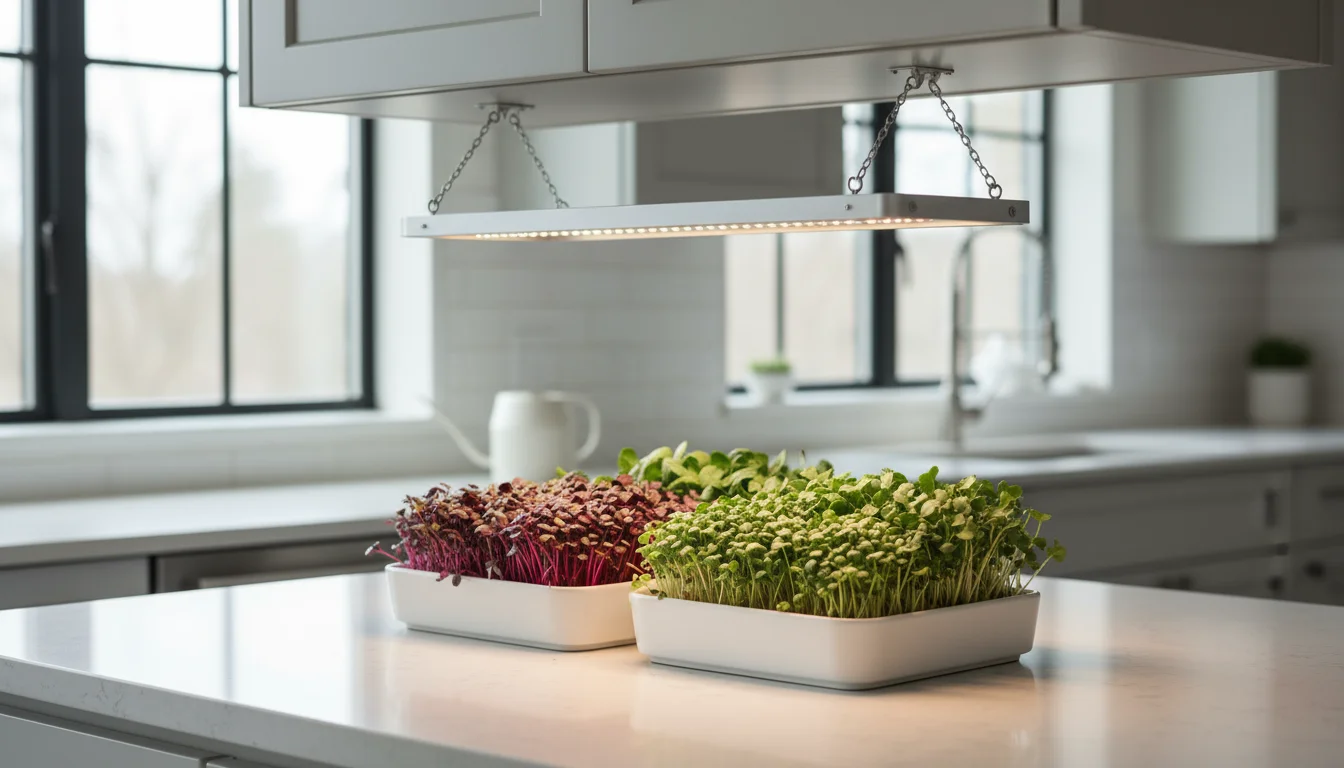 Two trays of vibrant microgreens grow on a modern kitchen counter under a simple hanging LED grow light, with natural light from a nearby window.