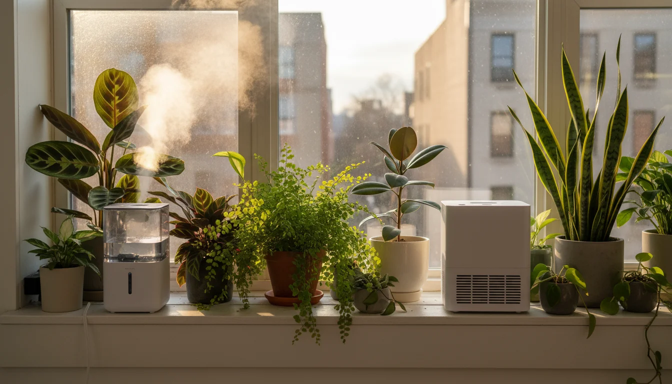 Two types of cool-mist humidifiers on a windowsill: an ultrasonic unit emitting visible mist near a fern and prayer plant, and an evaporative unit nea