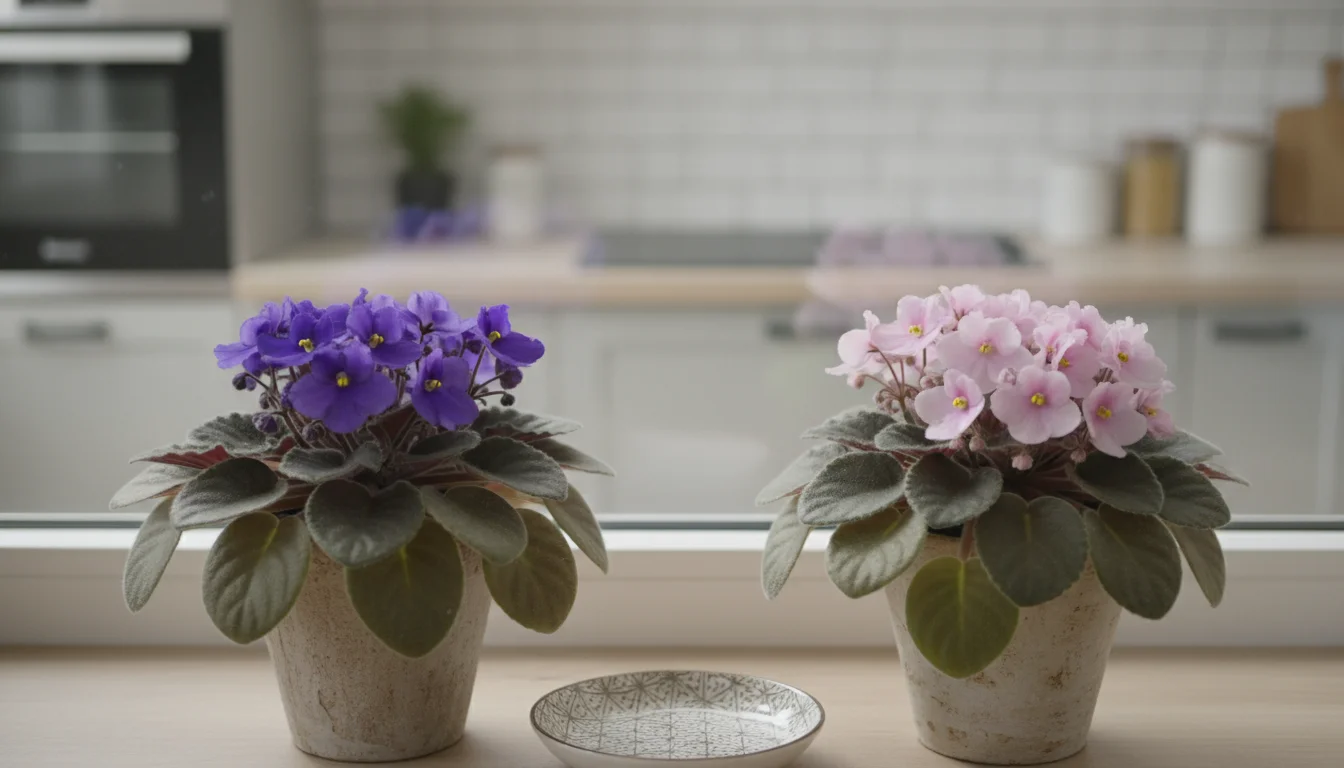 Two vibrant African Violets, purple and pink, in ceramic pots on a bright kitchen windowsill, with a saucer for bottom-watering.