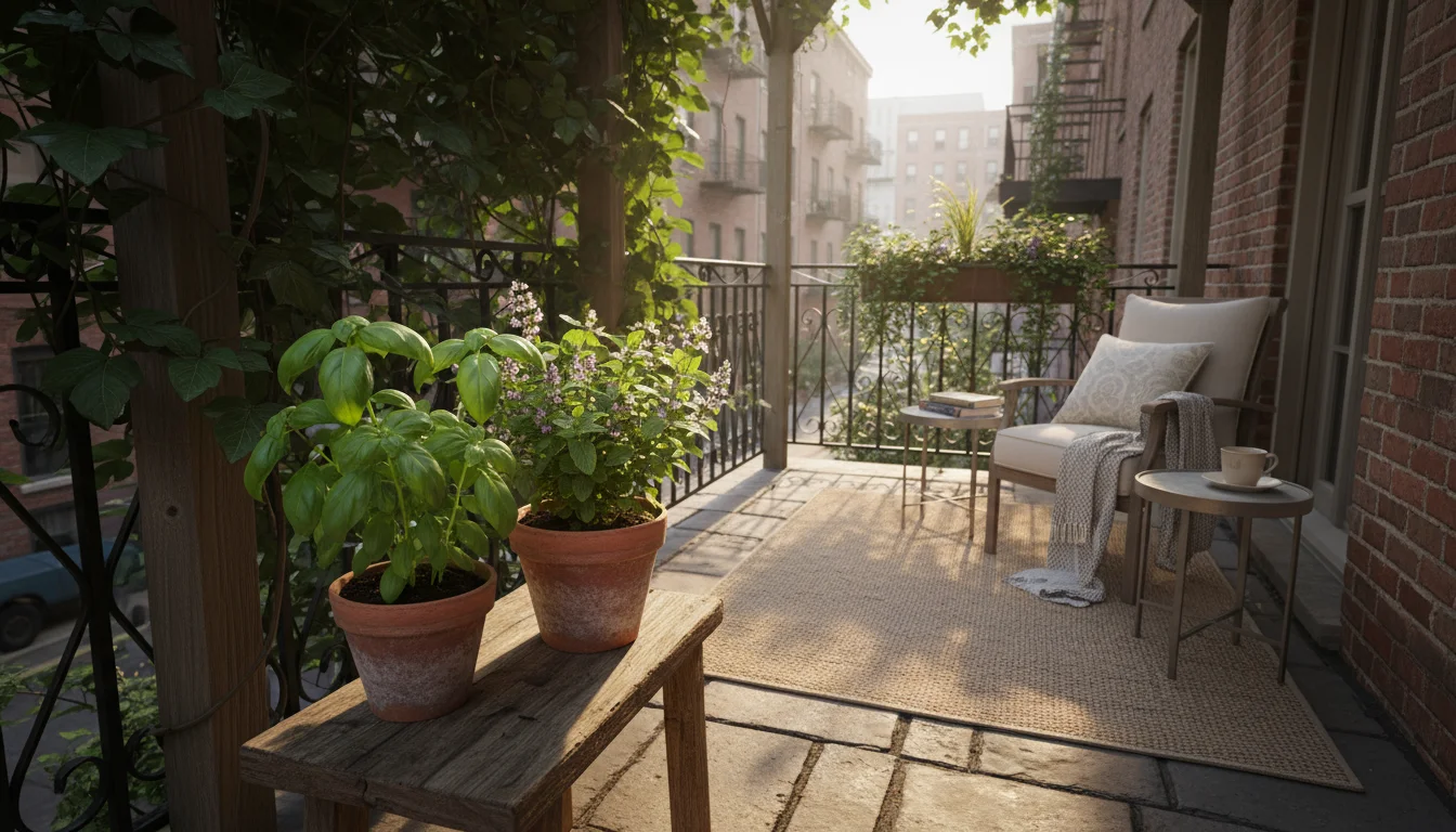 Two vibrant herb pots (basil, mint) on a rustic wooden stool, nestled in a dappled, shaded corner of a small patio, illustrating initial hardening off