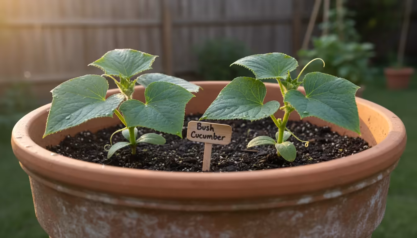 Two young, thriving bush cucumber plants in a terracotta pot on a sunlit patio, with a plant label.