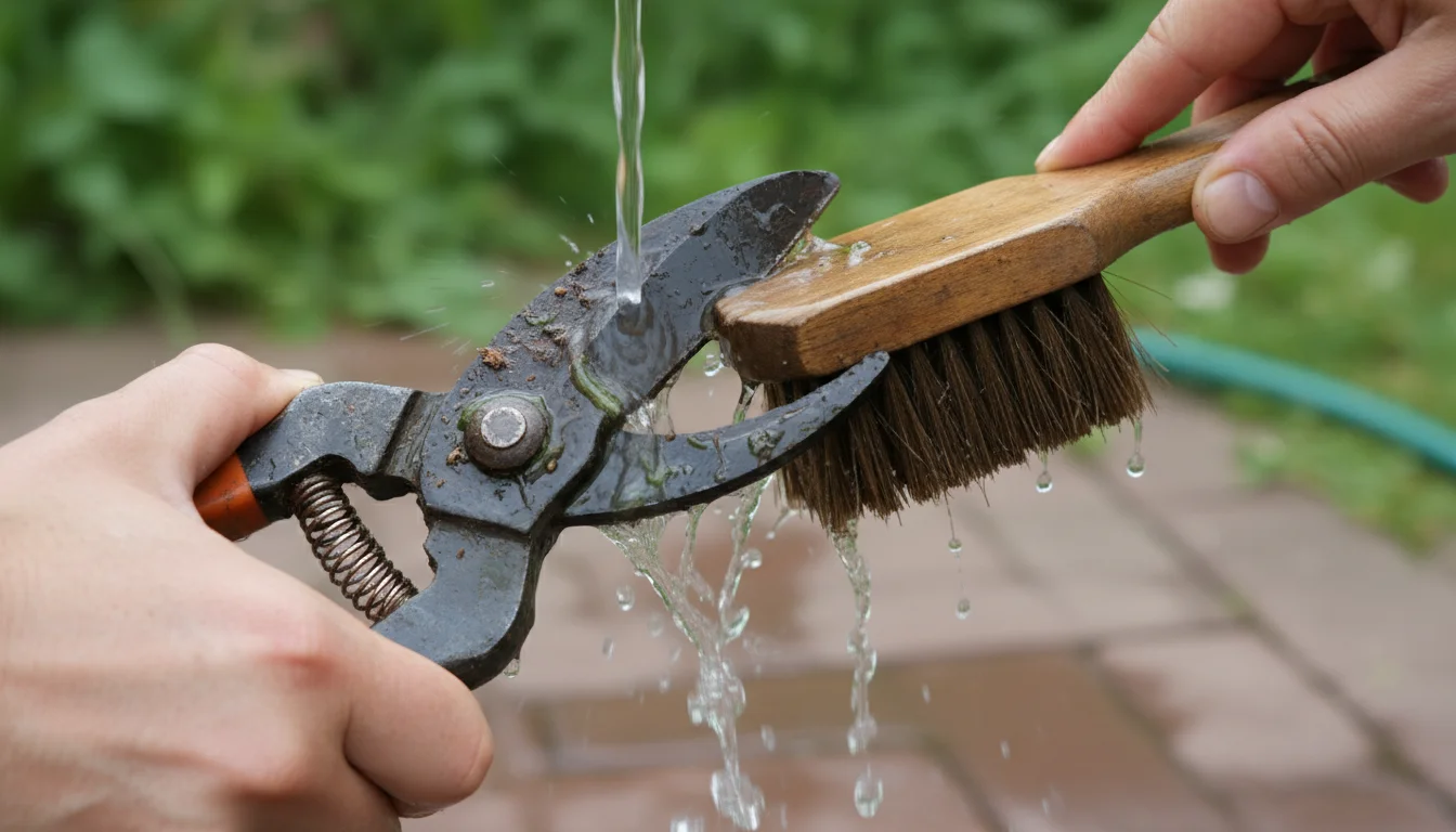 Ultra close-up of dirty garden pruners being scrubbed clean with a stiff brush under a gentle stream of water, revealing clean metal.