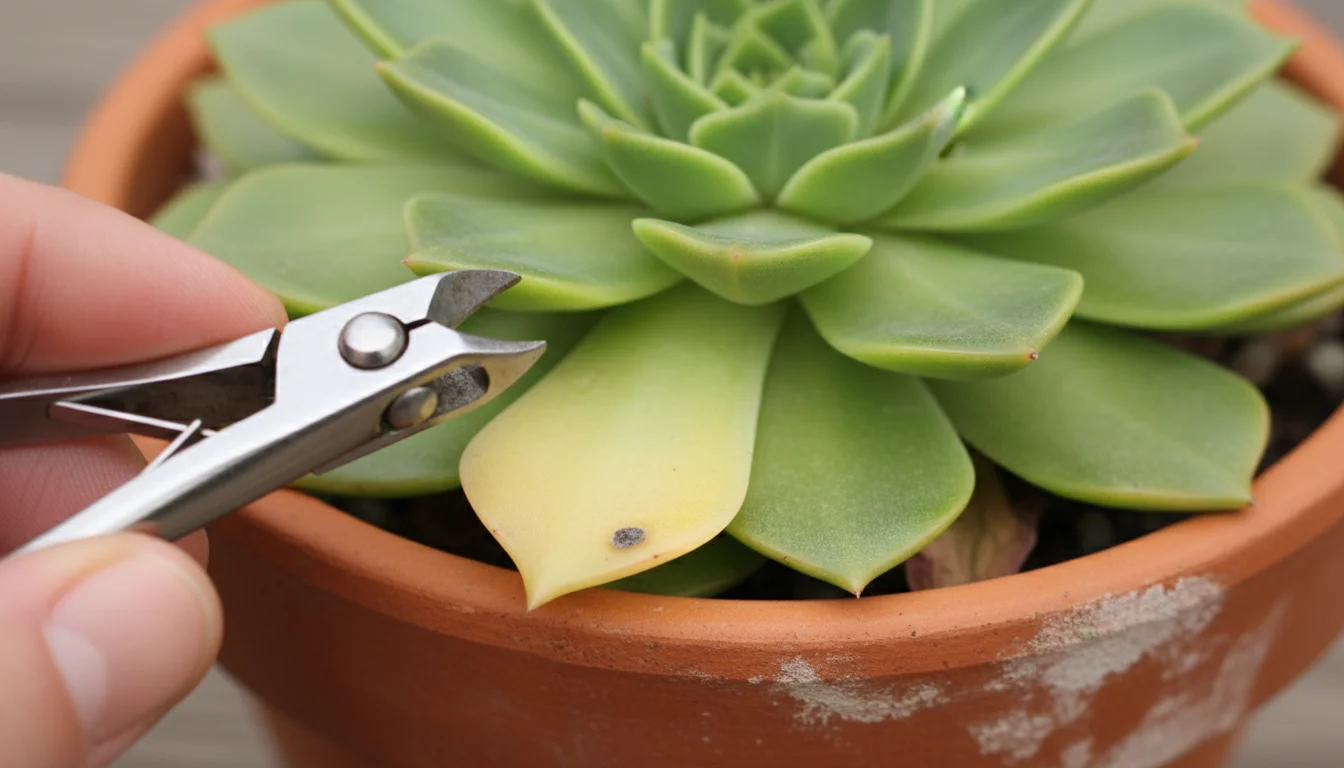 Ultra close-up of shiny nail clippers precisely trimming a yellowing succulent leaf with a fungal spot in a terracotta pot.