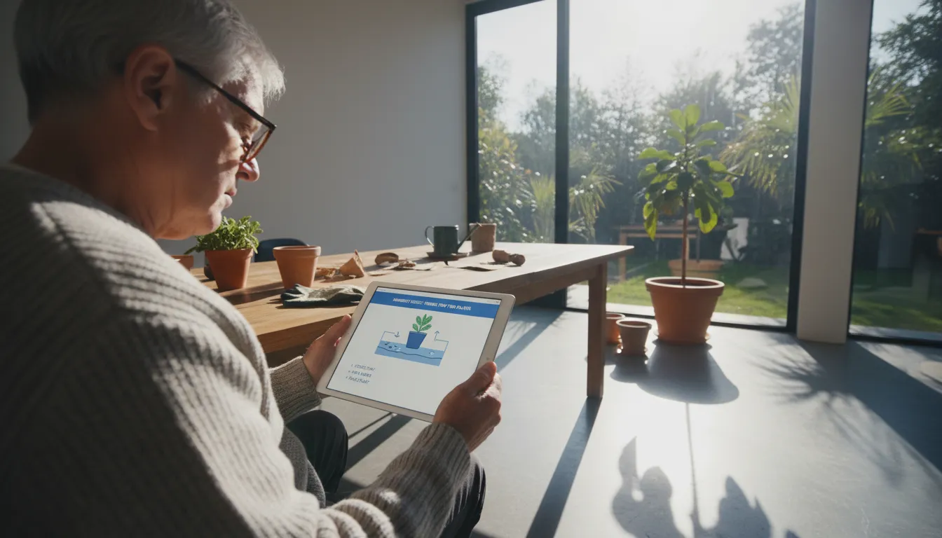 An ultra-wide view of a senior, focused on a tablet. Harsh midday sun lights the scene. The tablet displays a generic UI with a diagram of a plant peb