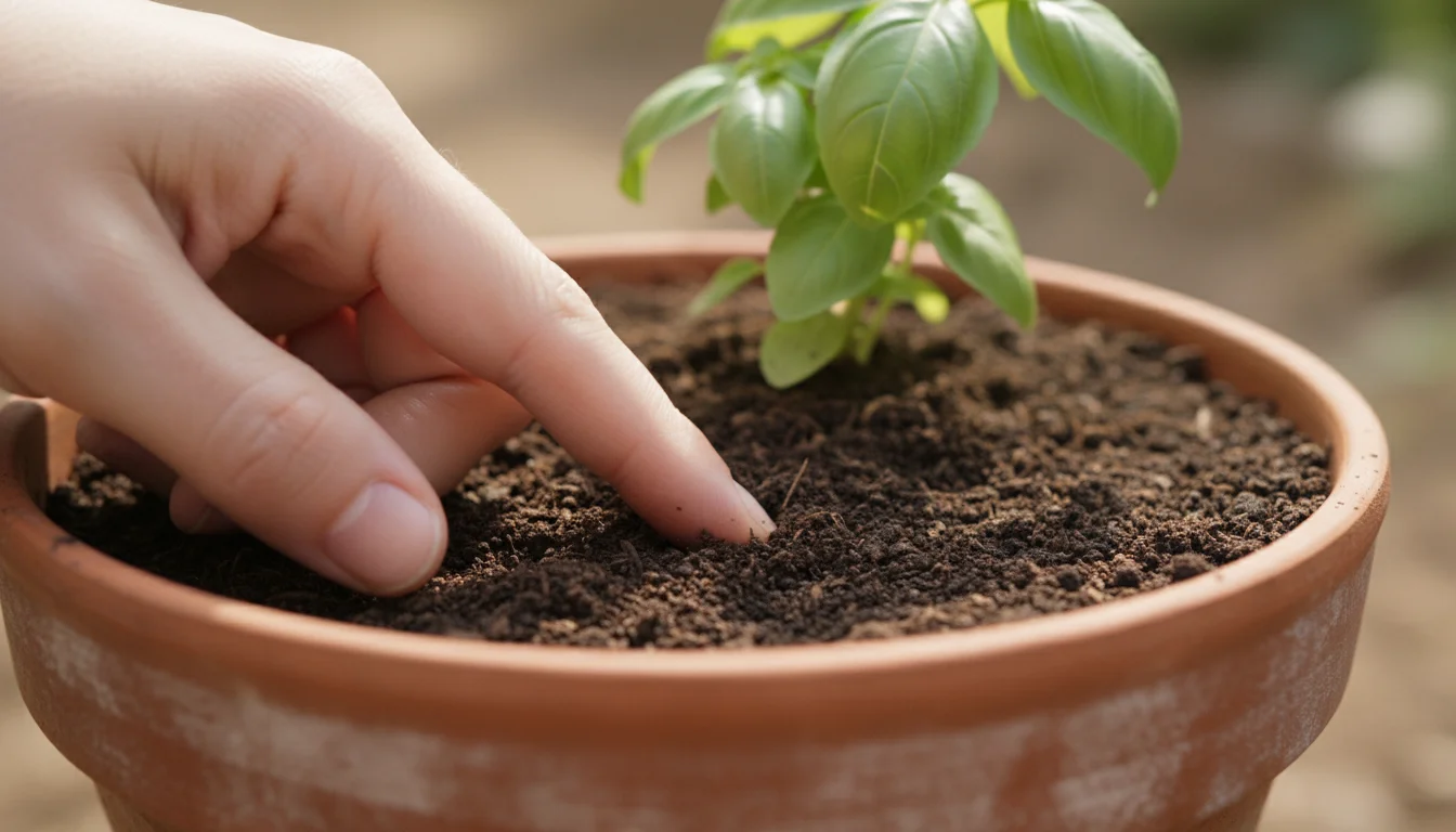 An un-gloved finger gently probes dark potting mix in a terracotta pot to check moisture, with green plant leaves visible.