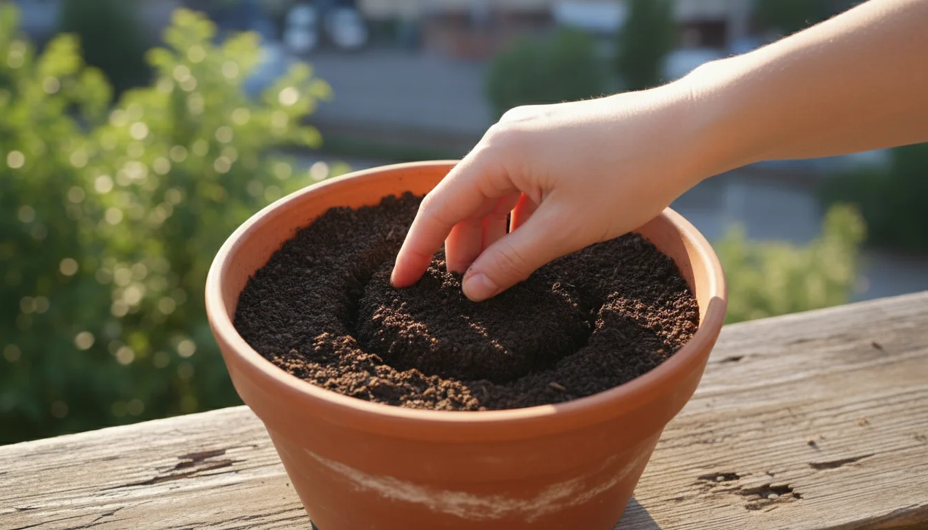 Close-up, slightly overhead view of an un-gloved hand creating a furrow in moist soil within a terracotta pot on a balcony, seed packet visible.