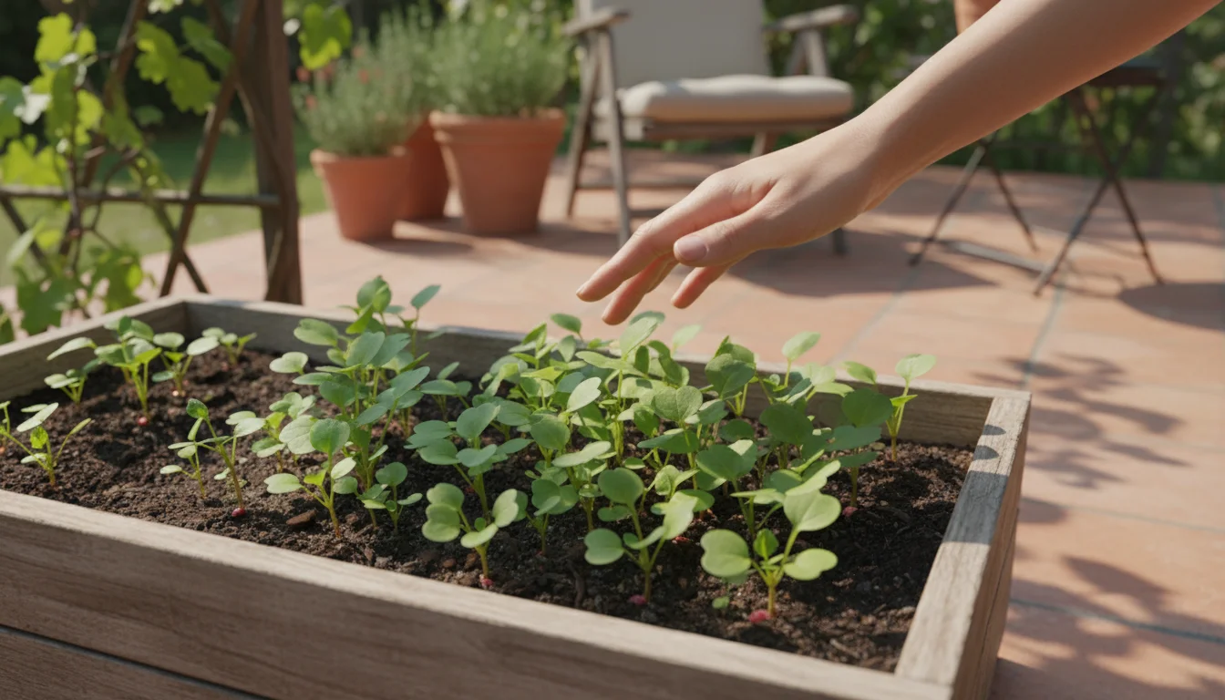 An un-gloved hand gently hovers over young green radish plants in a weathered wooden window box on a sunny patio.