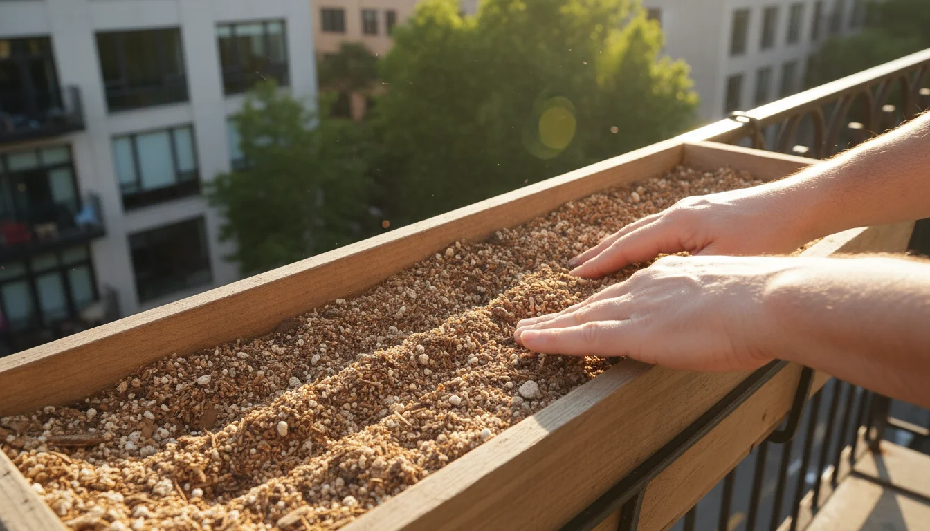 Un-gloved hands creating parallel planting furrows in fresh potting mix within a wooden window box on a sunny balcony.