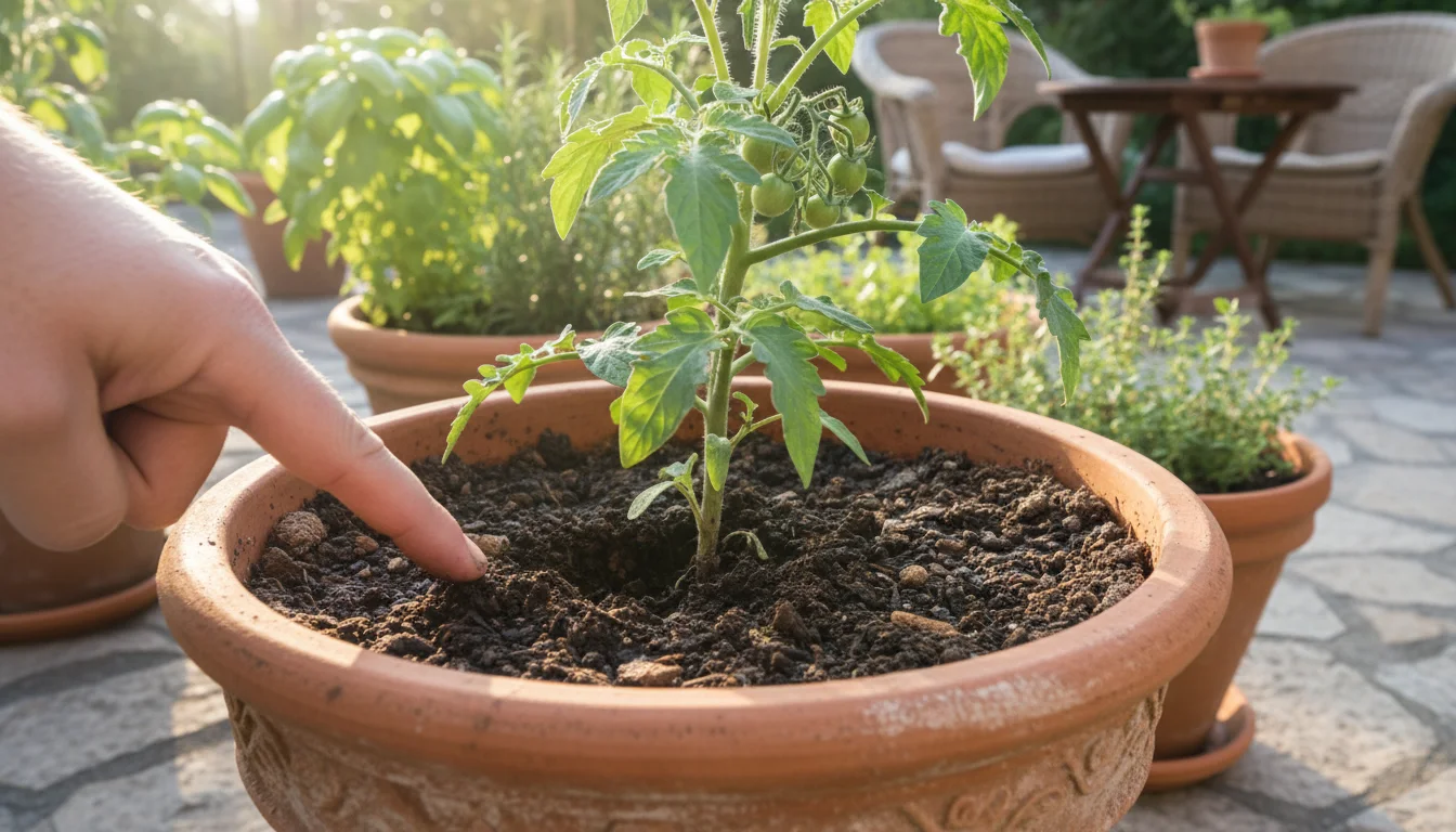 An un-gloved index finger checks the soil moisture in a terracotta pot holding a cherry tomato plant on a sunlit patio.