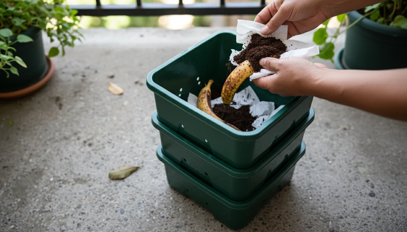 Unadorned hands add chopped kitchen scraps into a compact, multi-level worm composting bin on an urban balcony, with thriving potted herbs nearby.