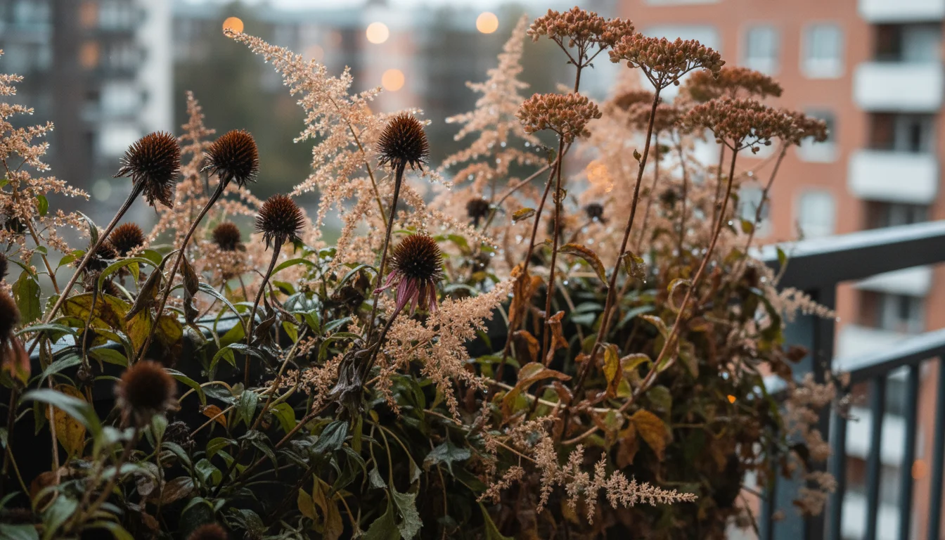 Uncut dried seed heads of coneflower, astilbe, and sedum in a vertical garden planter on a balcony in early autumn.