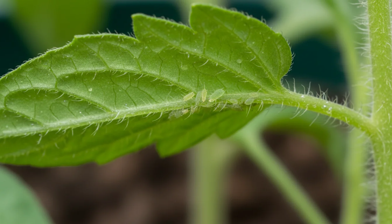 Macro close-up of the underside of a green tomato leaf, revealing a small cluster of tiny green aphids and glistening honeydew.
