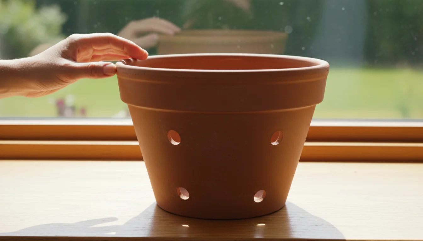 A wide, unglazed terracotta pot with visible drainage holes sits on a bright windowsill, ready for planting.