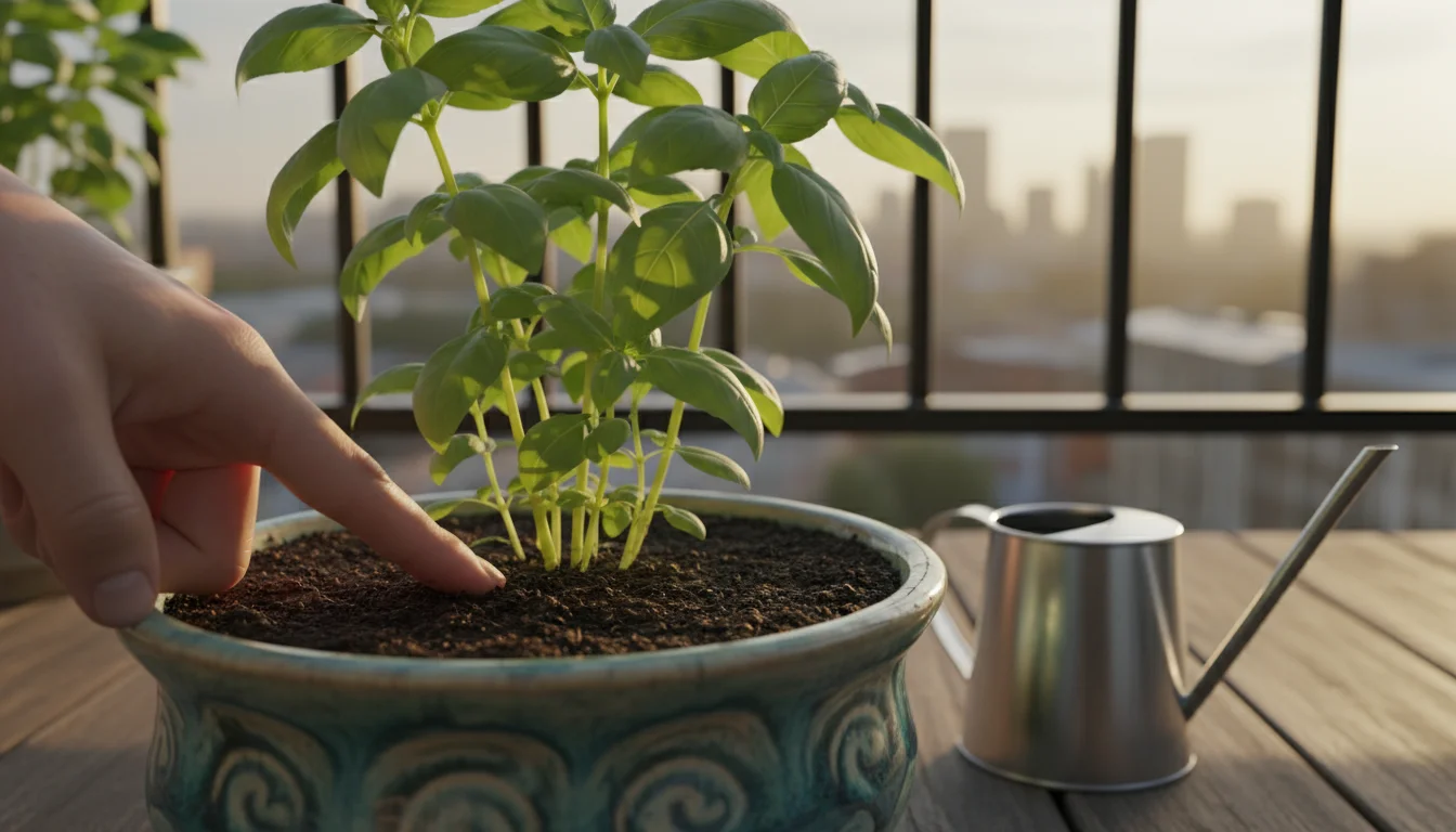 An ungloved finger gently checks the soil moisture of a thriving basil plant in a ceramic pot on a sunny urban balcony, with a watering can nearby.