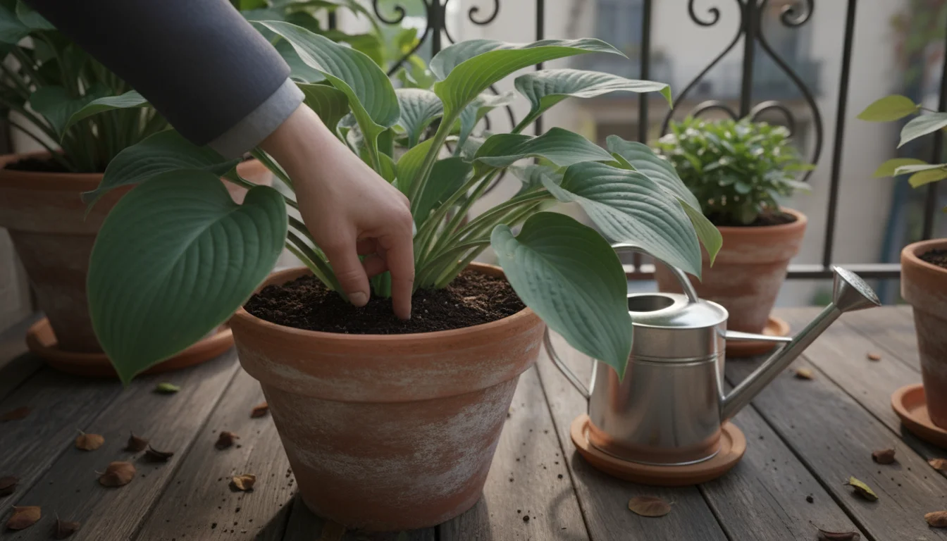 Ungloved hand checking soil moisture in a terracotta pot with a shade plant on a shaded balcony, watering can nearby.