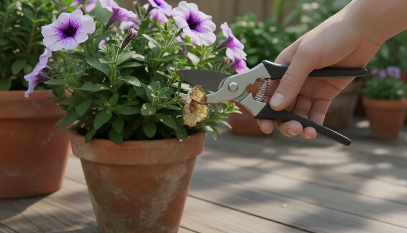 An ungloved hand holding small pruning snips, poised to cut a discolored leaf from a container plant on a patio table, with a waste bucket nearby.