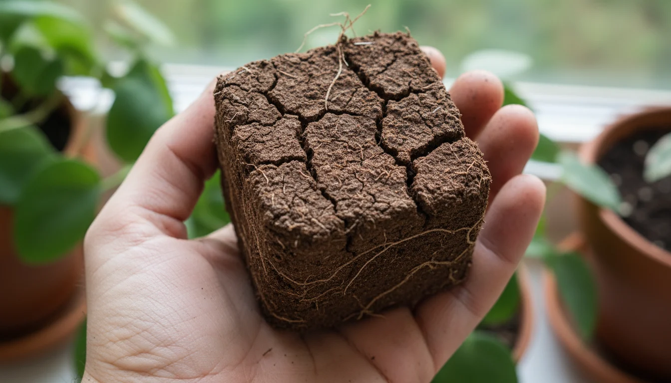 An ungloved hand holds a solid, dark, brick-like clod of extremely compacted potting soil, cracked and brittle, from a container.