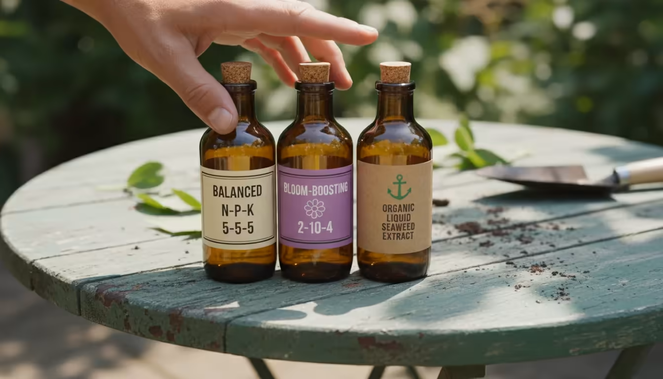 Ungloved hand hovers over three different liquid fertilizer bottles (balanced, bloom-boosting, organic) on a patio table, near a container plant.
