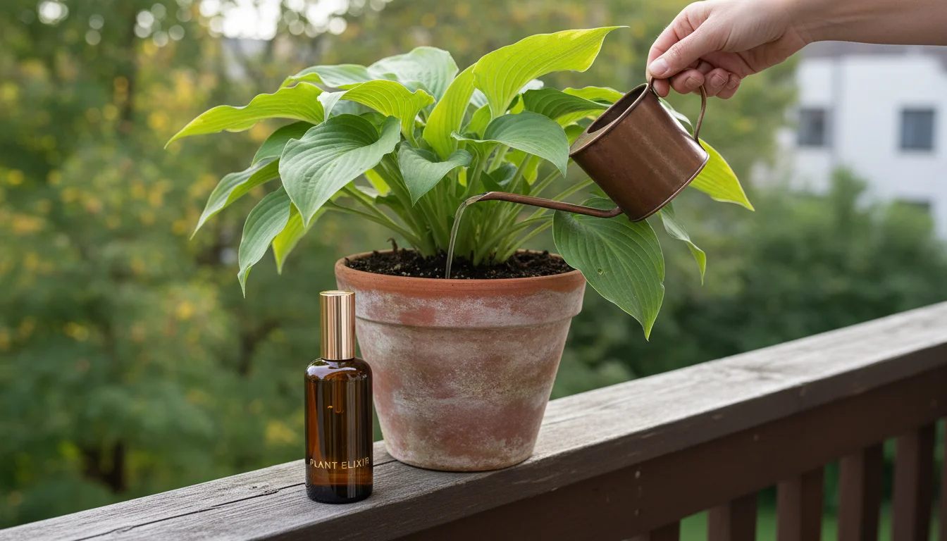 Ungloved hand pouring diluted liquid fertilizer from a small copper watering can into a terracotta pot with a hosta on a balcony.