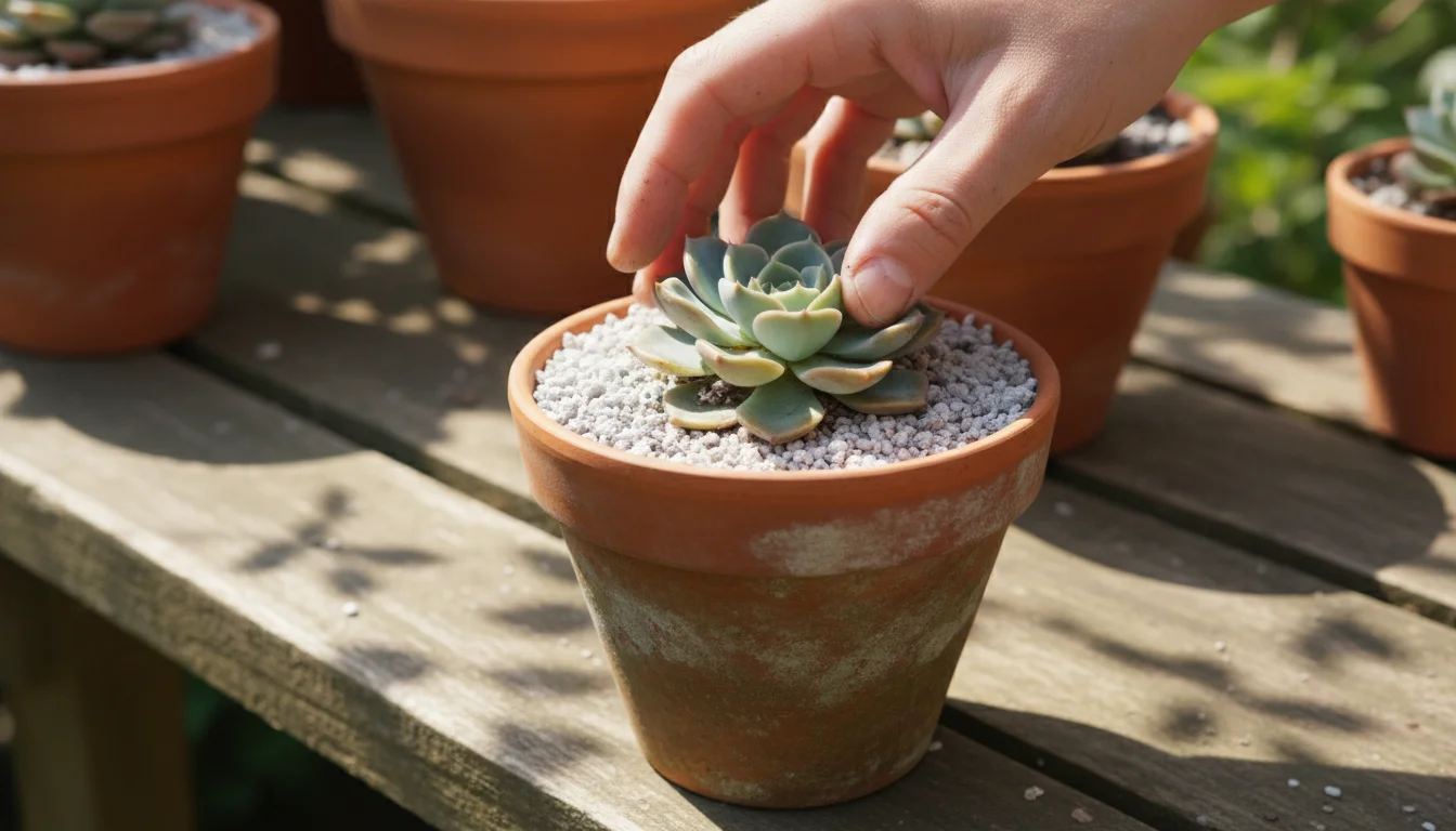 An ungloved hand gently presses angular grey horticultural grit around a green Echeveria succulent in a terracotta pot on a wooden railing.