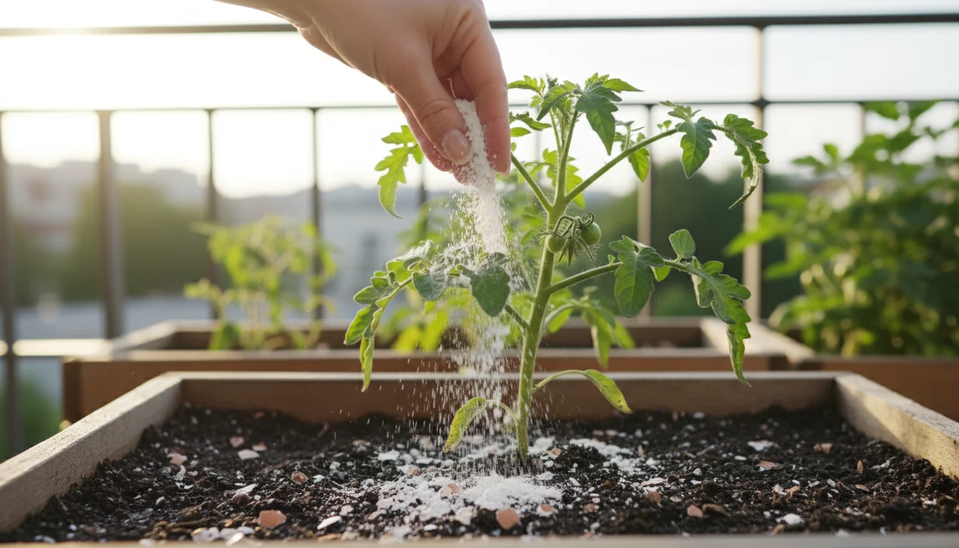 An ungloved hand sprinkles finely crushed eggshells around the base of a young tomato plant in a balcony planter box, with shells visible on the soil.
