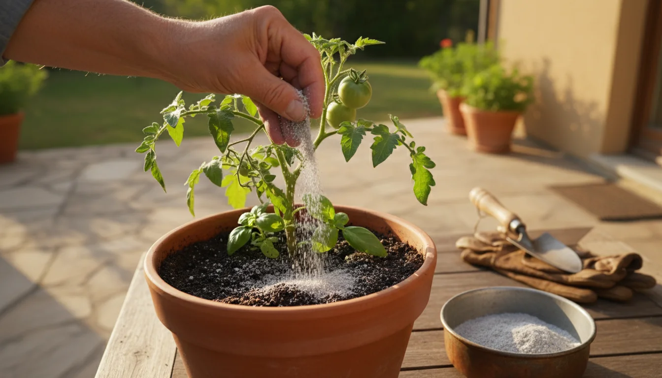 Ungloved hand sprinkles wood ash onto soil of a terracotta potted plant. Crushed eggshells in a bowl sit nearby on a wooden patio table.