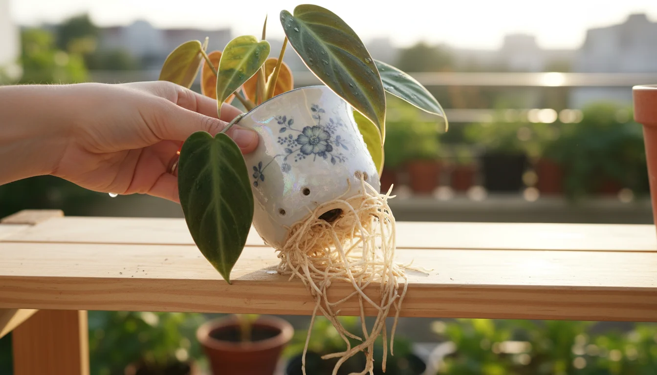 Close-up of an ungloved hand gently tilting a small ceramic pot, revealing white roots growing out of the drainage holes of a rare Philodendron.