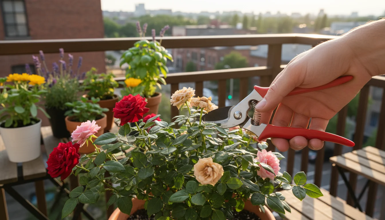 An ungloved hand uses bypass pruners to deadhead a spent rose bloom in a container on a small, sun-dappled urban balcony.