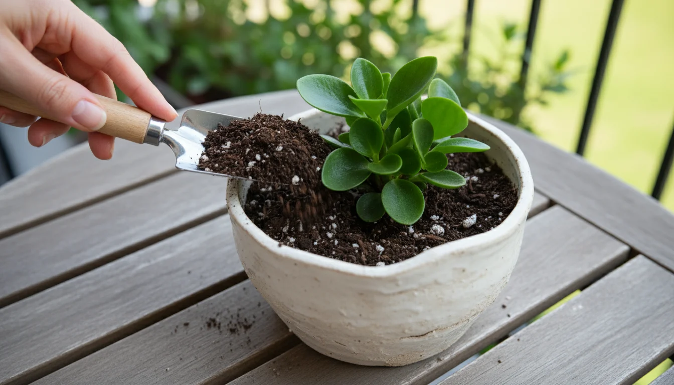 An ungloved hand uses a small trowel to add fresh potting soil around a small green plant in an off-white ceramic pot.