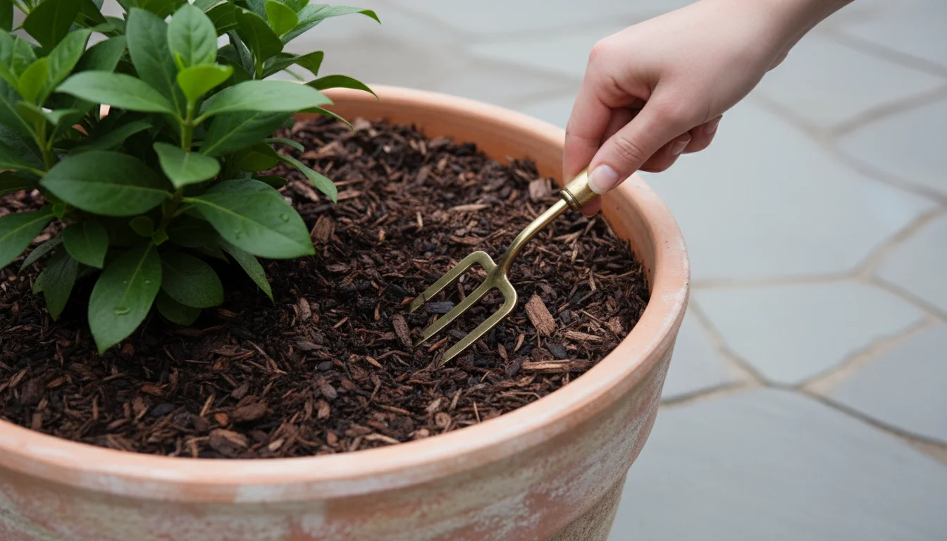 Close-up of an ungloved hand using a small garden fork to gently aerate damp wood chip mulch in a terracotta pot on a sunny patio.