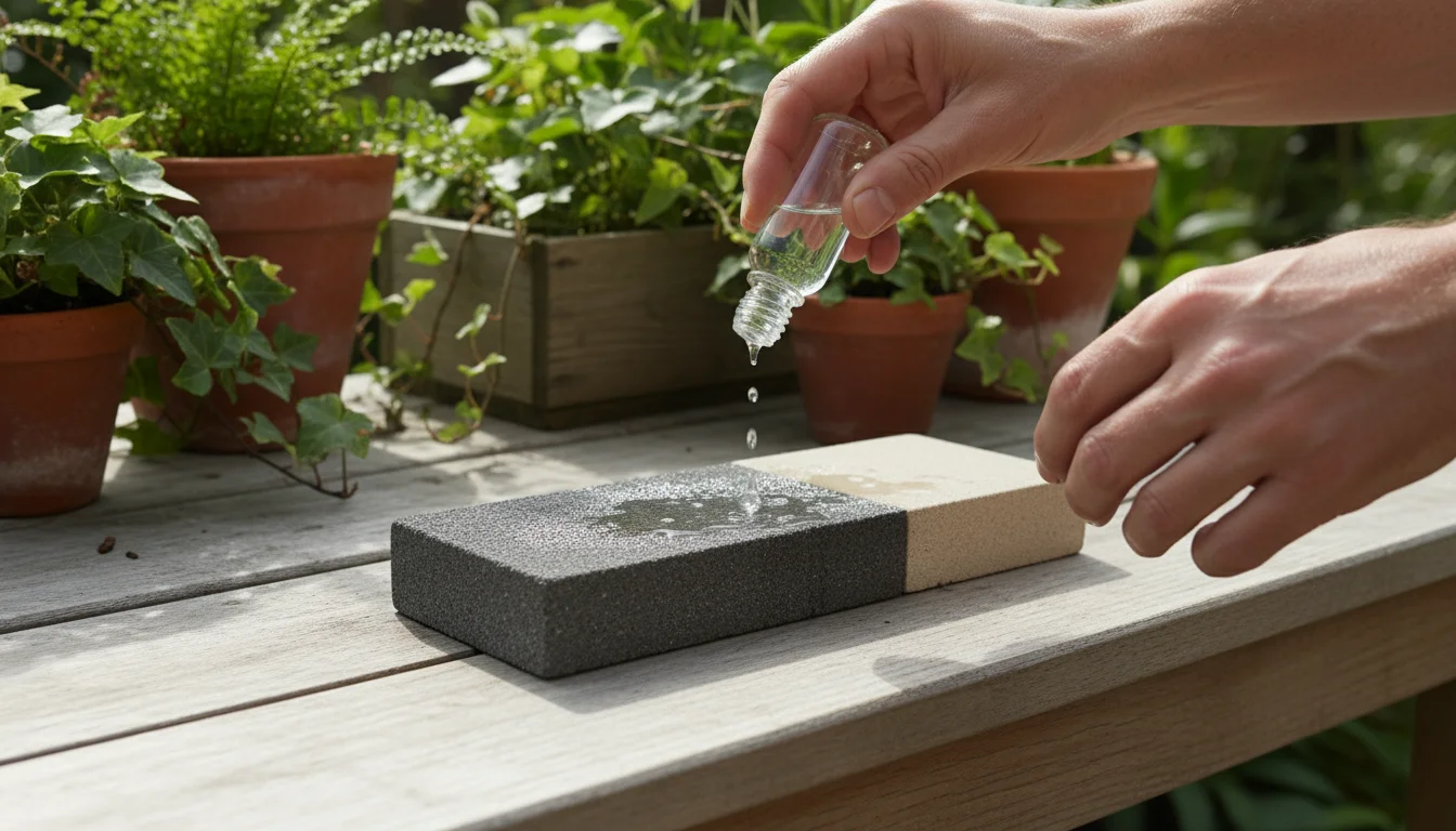 Ungloved hands drip water onto the coarse side of a two-sided sharpening stone on a wooden bench, with blurred container plants behind.