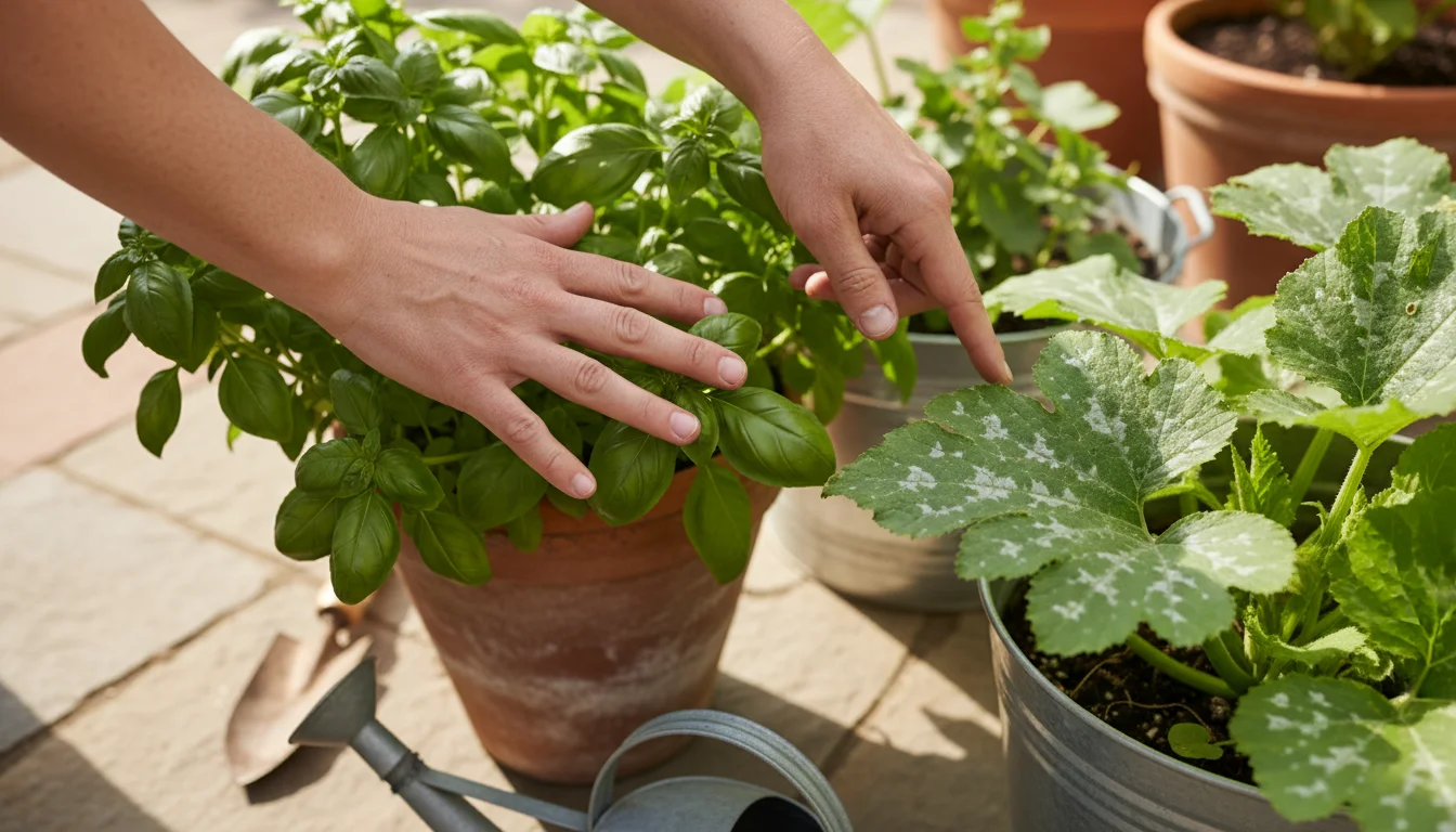 Ungloved hands inspect container plants, one touching vibrant basil, the other near a zucchini leaf with powdery mildew.
