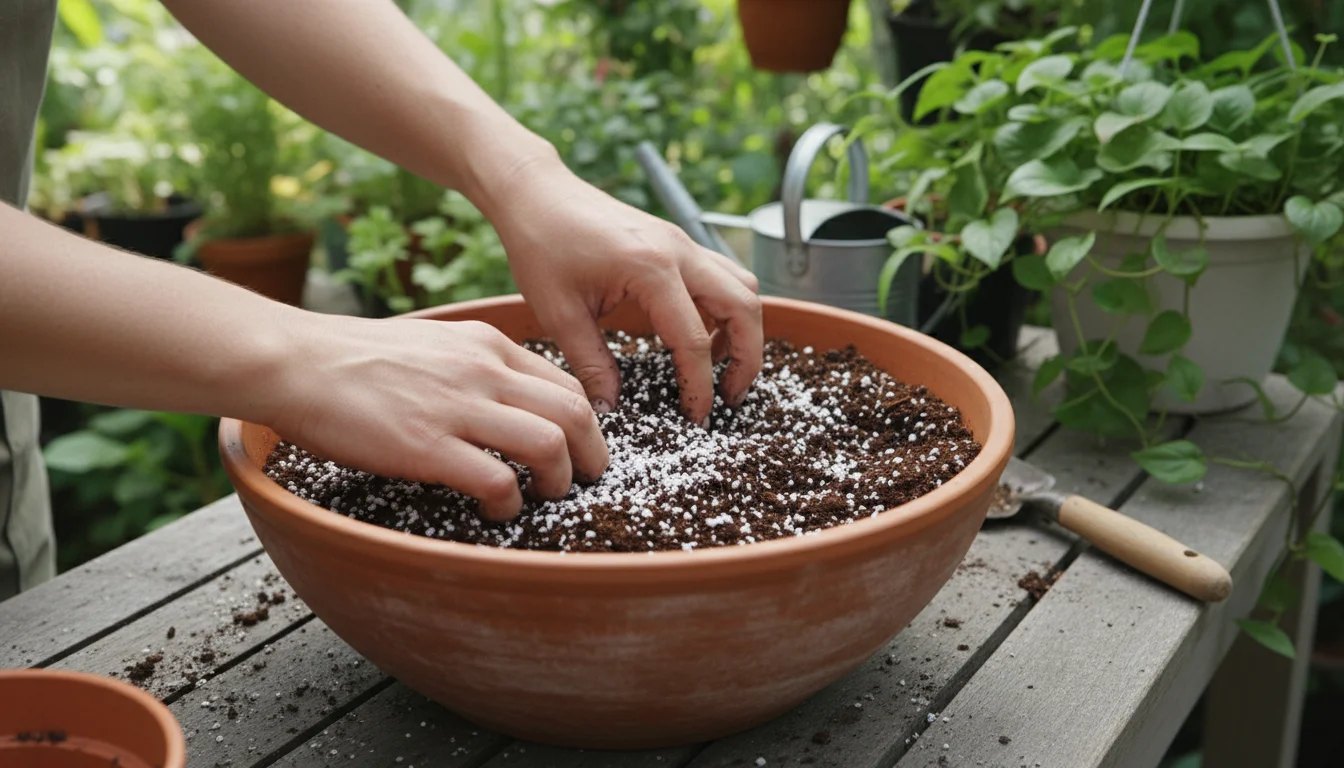 Ungloved hands gently mixing white perlite and dark, crumbly compost into potting soil in a terracotta pot on a patio.