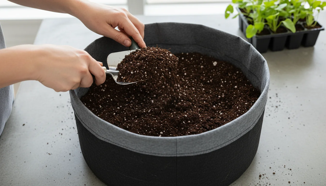 Ungloved hands pouring dark, rich potting soil from a small trowel into a cuffed fabric grow bag, showing the initial soil layer for potatoes.