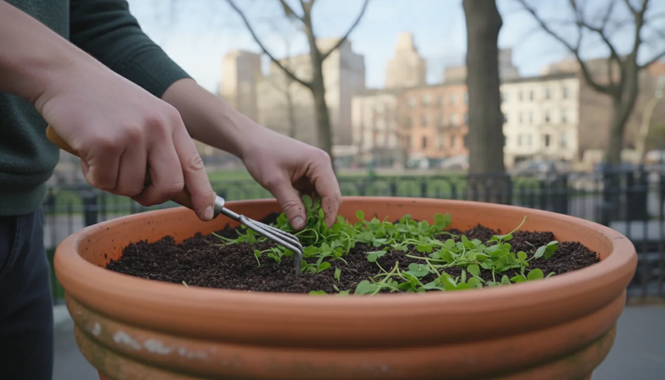 Ungloved hands gently rake vibrant green clover cover crop into dark soil in a terracotta pot on an urban patio.