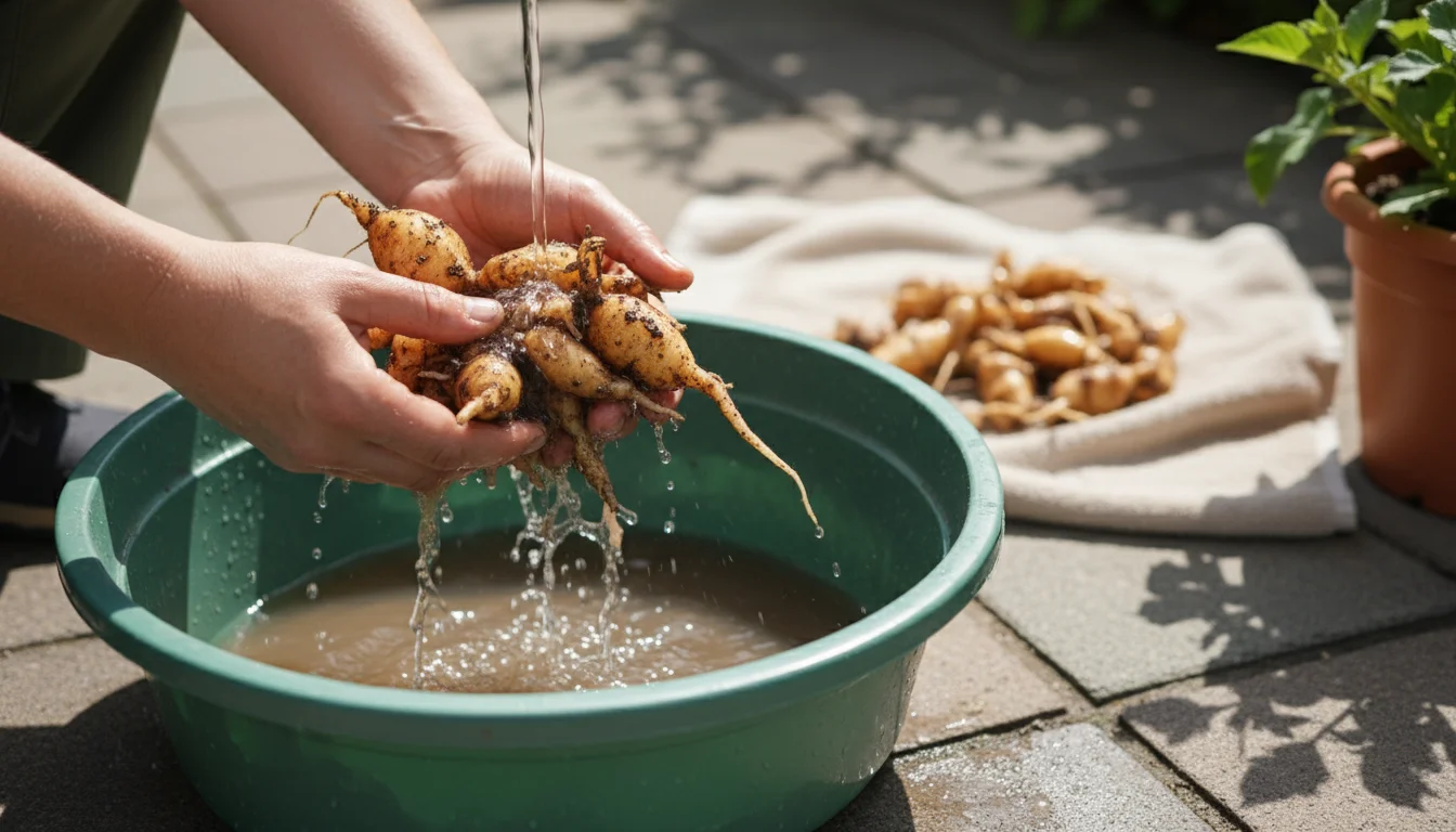 Ungloved hands gently rinse a cluster of dahlia tubers under a soft hose stream in a plastic basin on a sunny patio, with clean tubers drying nearby.
