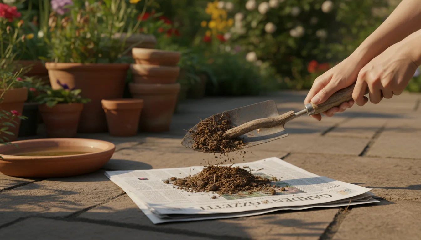 Ungloved hands scrape dry soil and plant debris from a dirty trowel with a stick onto a newspaper on a sunlit patio.
