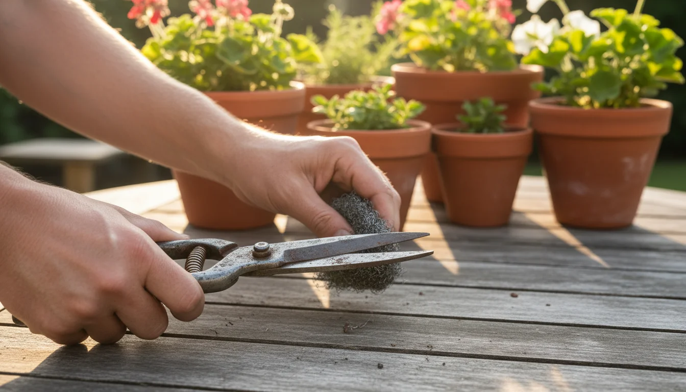 Ungloved hands carefully scrub rust off a pair of well-used garden shears with fine-grade steel wool.