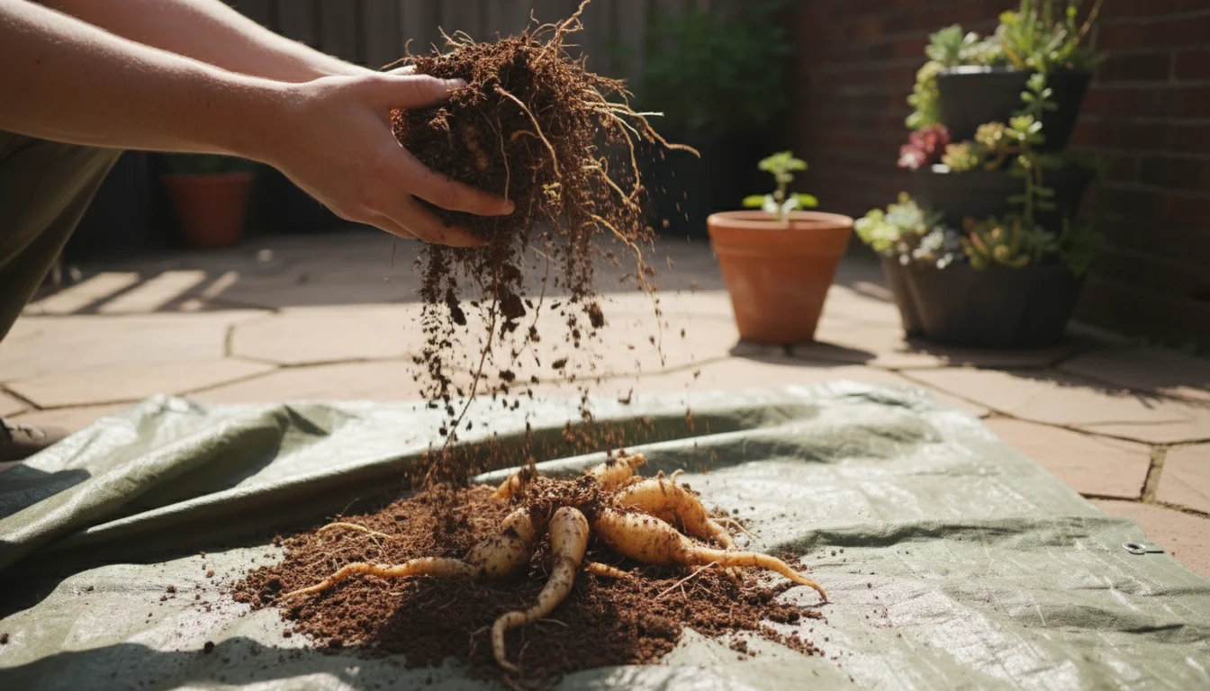 Ungloved hands gently shake a dahlia tuber clump over a tarp, fine soil falling away to reveal tubers.