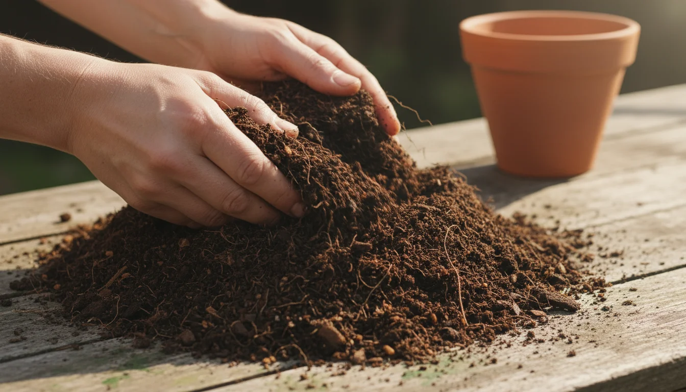 Close-up of ungloved hands sifting through dark, fibrous peat-free potting mix with coir and bark pieces on a wooden bench.