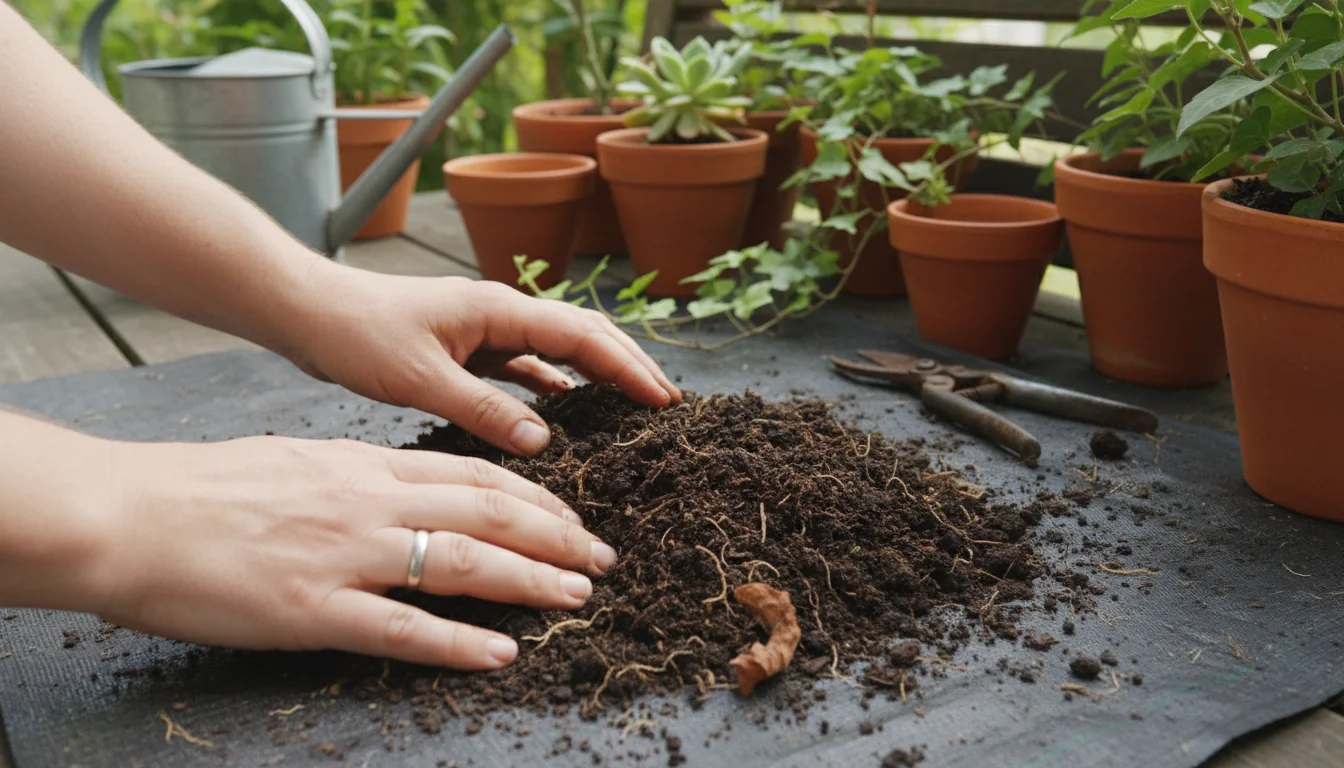 Ungloved hands carefully sifting through dark, used potting mix on a grey mat, picking out old root fragments.