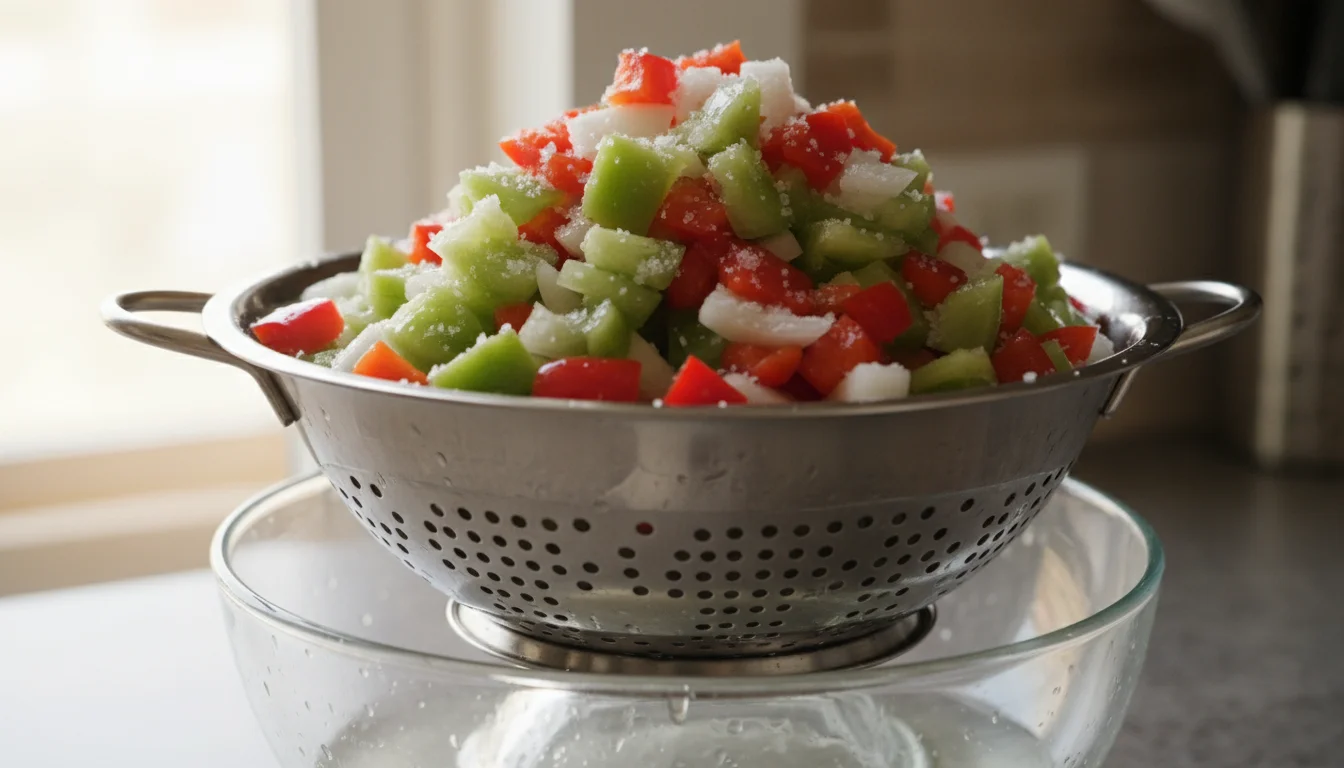 Uniformly diced green tomatoes, white onions, and red bell peppers, glistening with salt in a colander over extracted liquid.
